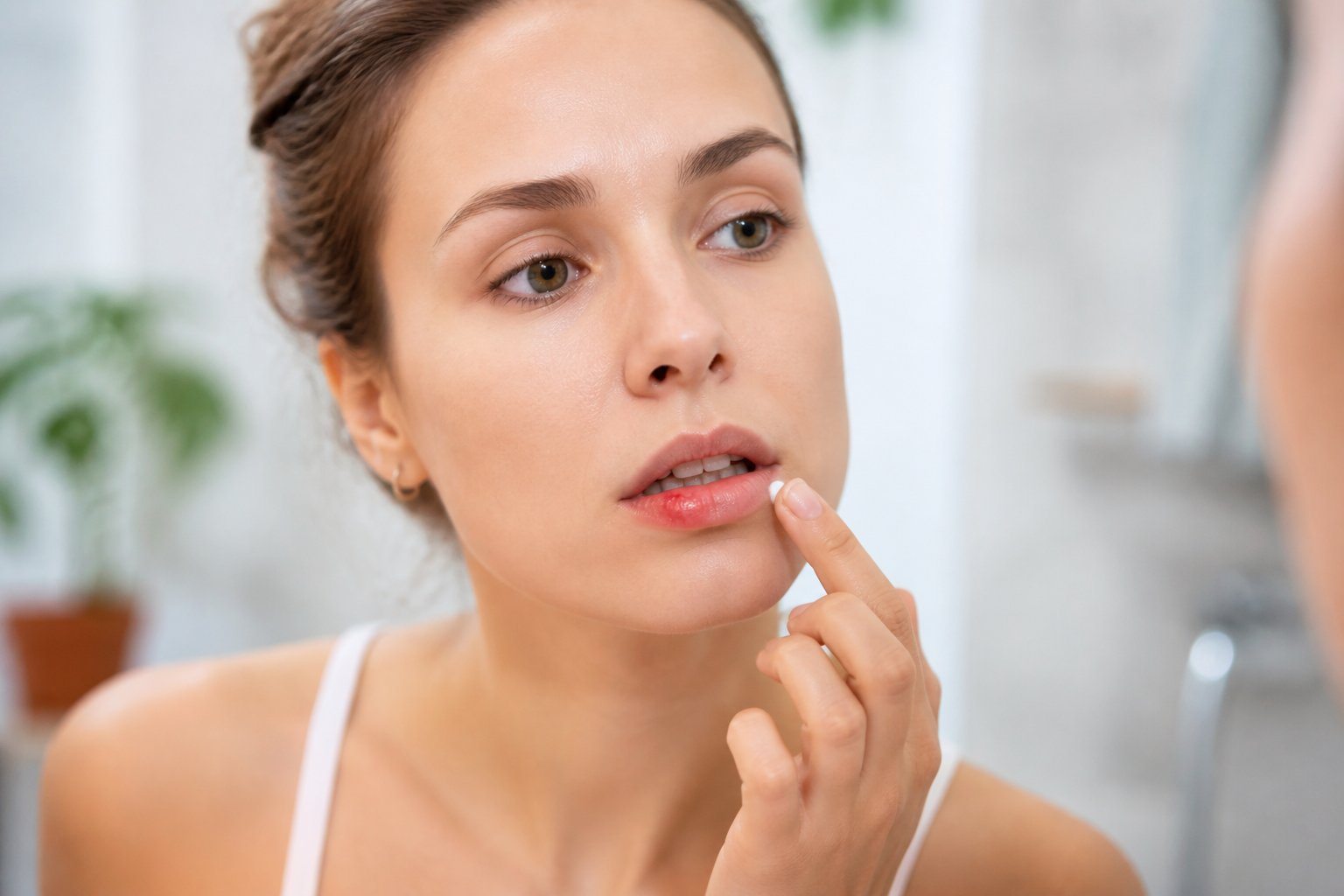 Mulher aplicando creme nos lábios para tratar herpes labial em um banheiro iluminado.