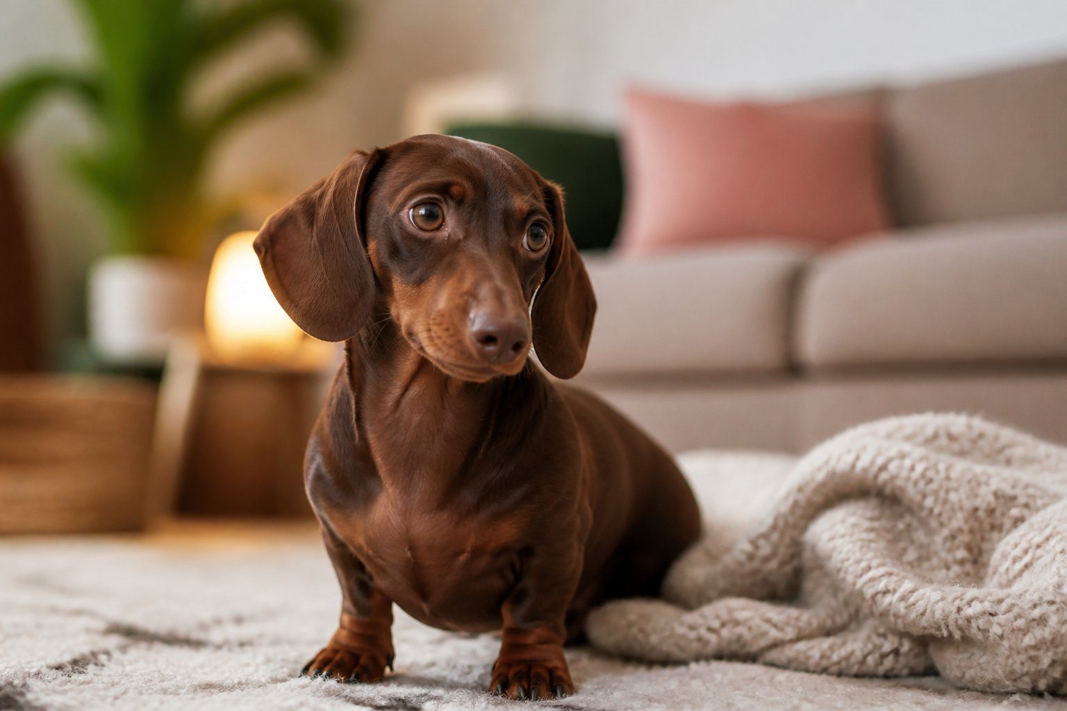 Cachorro da raça salsicha sentado no chão de uma sala aconchegante, olhando para o lado com expressão curiosa.
