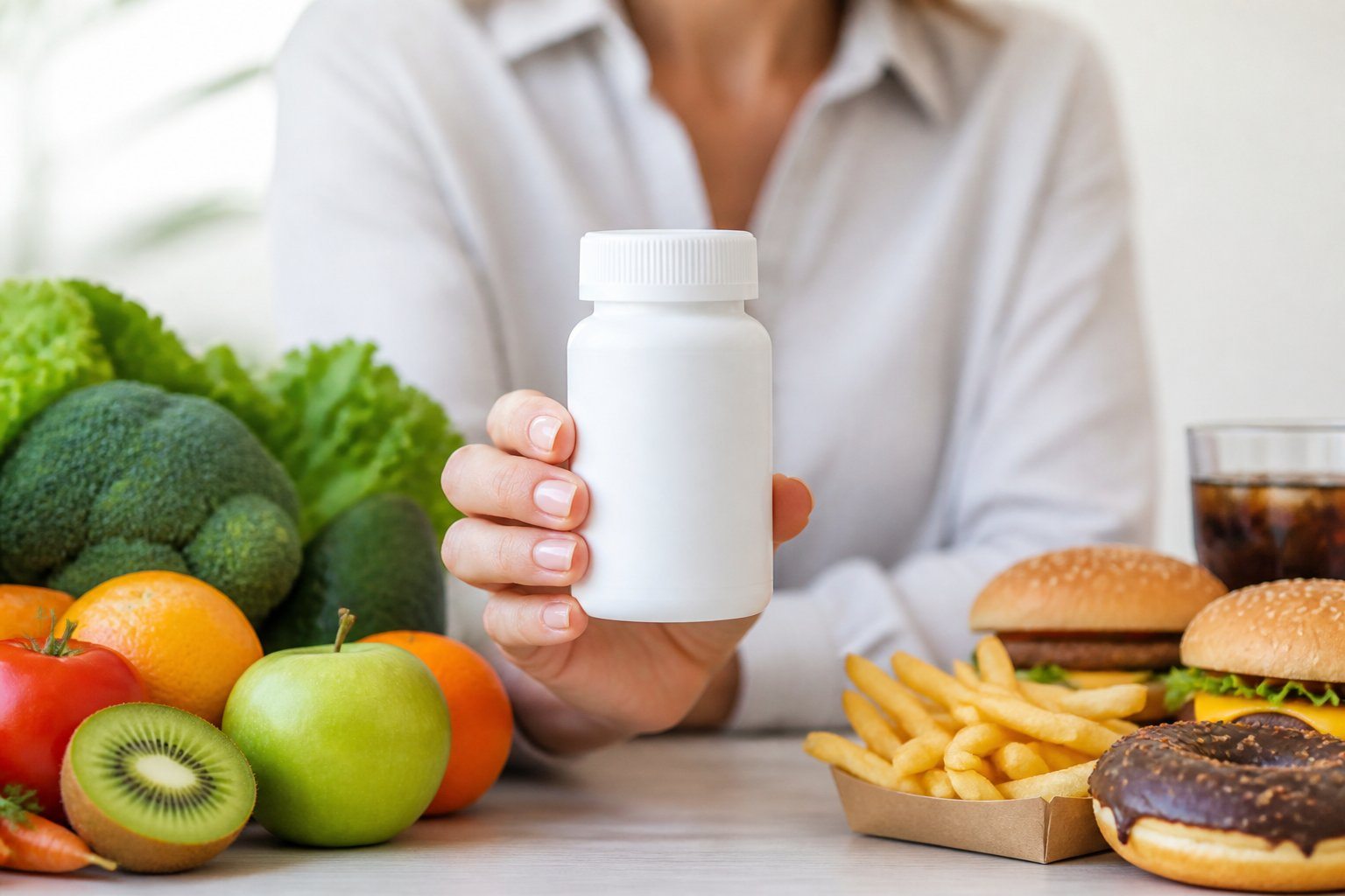 Pessoa segurando um frasco de suplemento com alimentos saudáveis e não saudáveis ao redor, representando ganho ou perda de peso.
