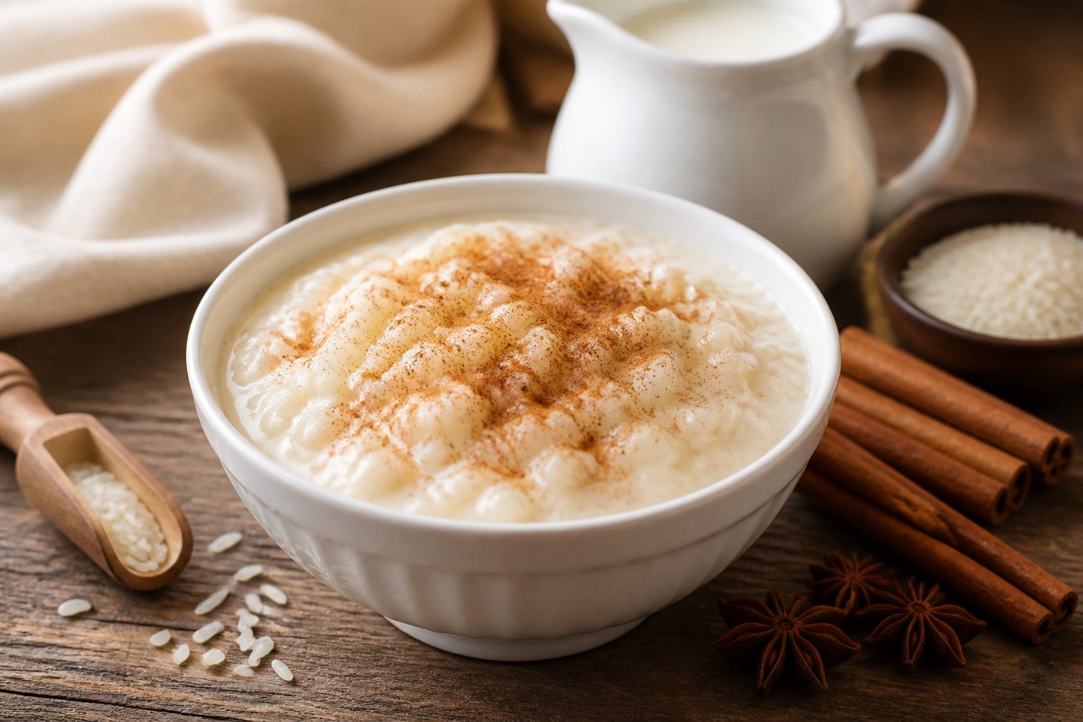Uma tigela branca com arroz doce cremoso polvilhado com canela sobre uma mesa de madeira, com paus de canela e leite ao redor.