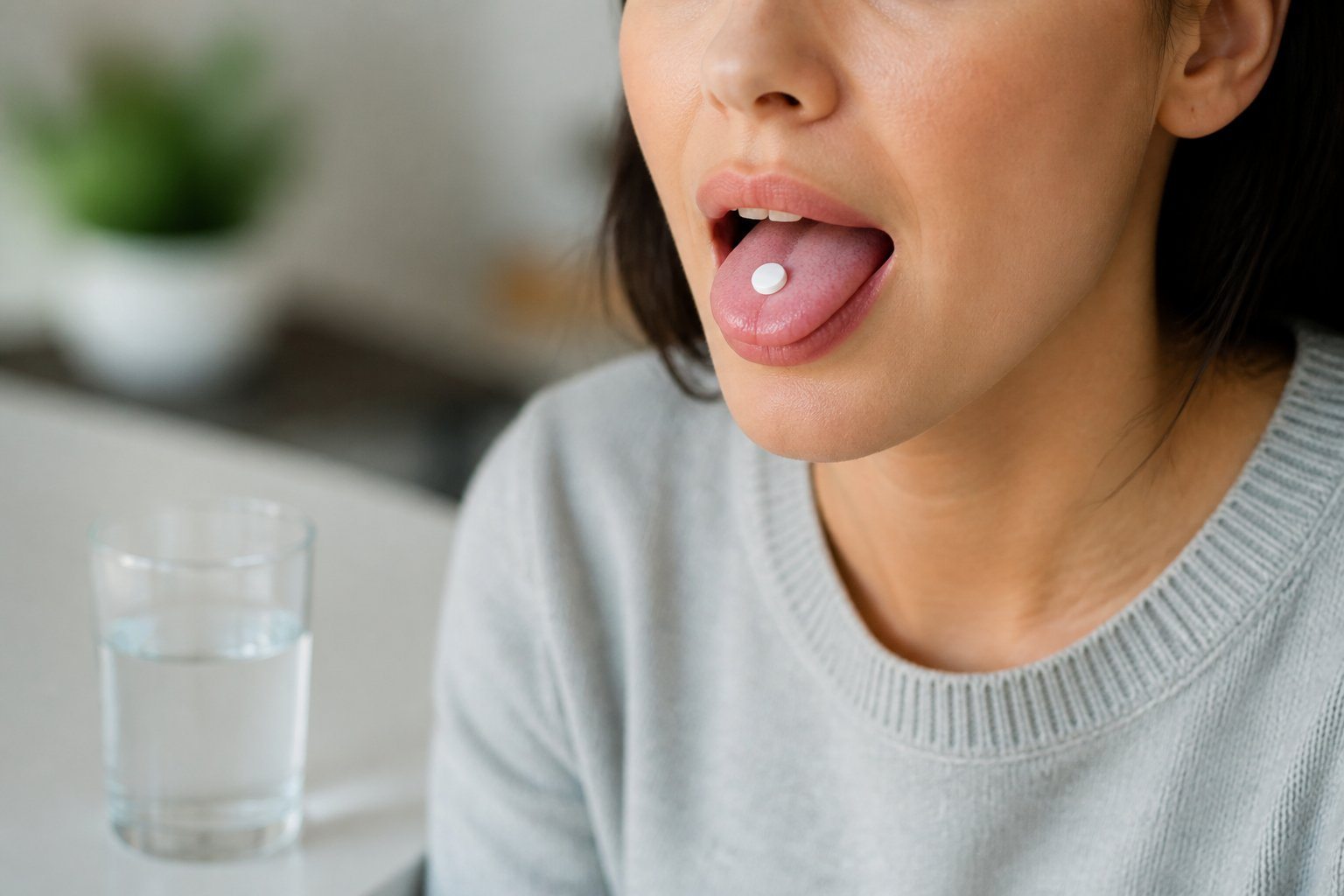 Pessoa com um comprimido sublingual colocado sob a língua, próxima a um copo de água.