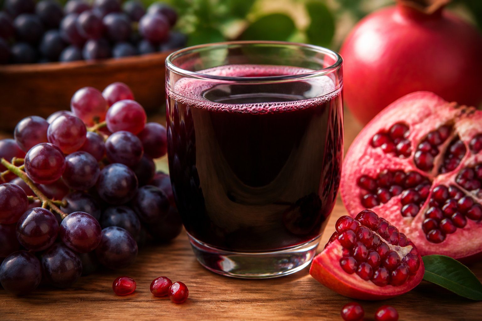 Um copo de suco roxo escuro rodeado por uvas e romãs frescas sobre uma mesa de madeira.
