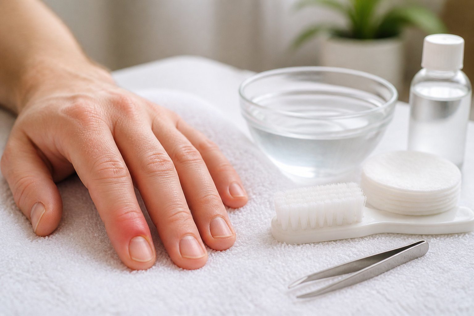 Mão com paroníquia leve apoiada sobre uma toalha branca, ao lado itens para autocuidado como água morna, escova de unhas, solução antisséptica, algodão e pinça.