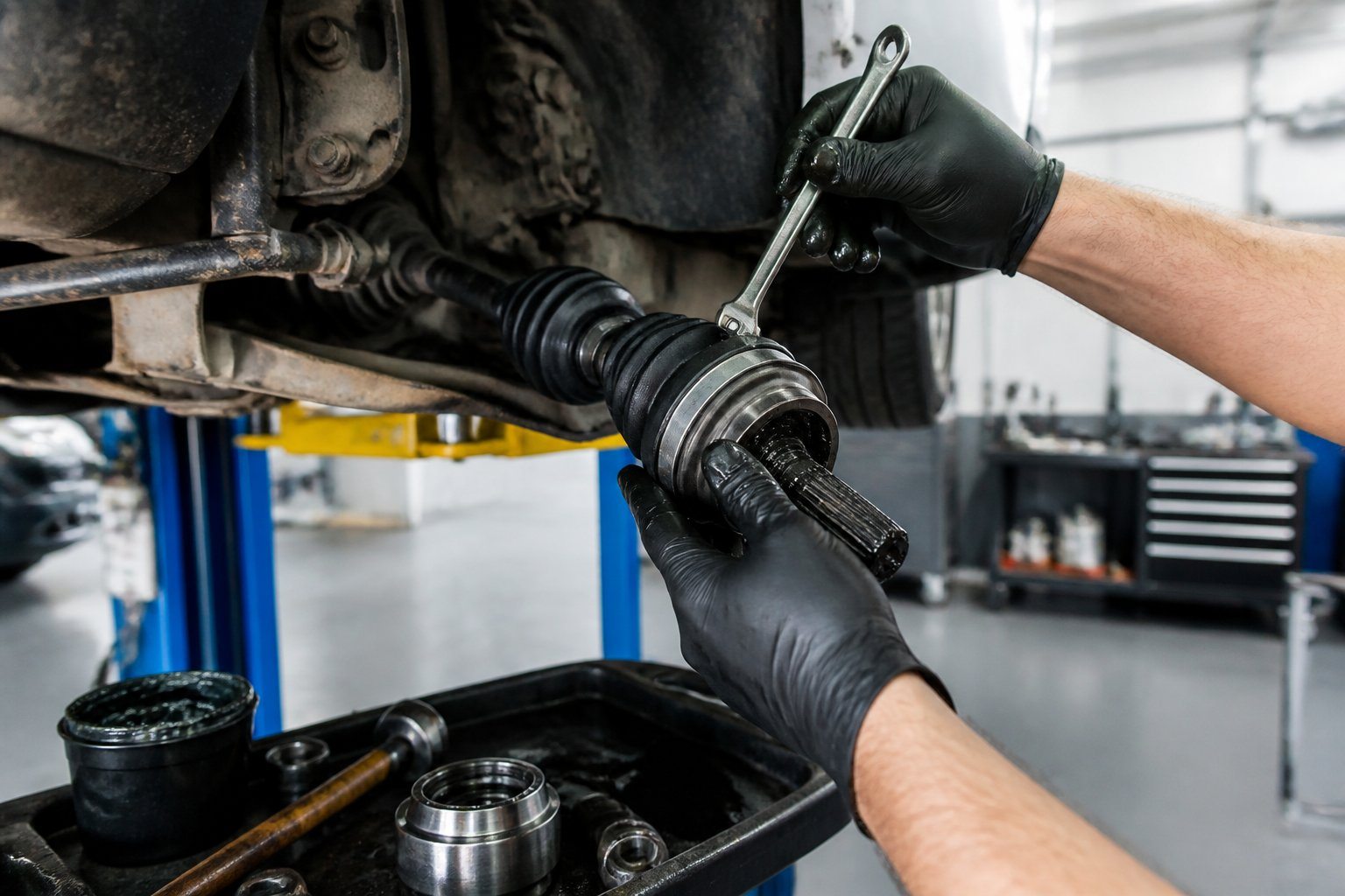 Mãos de um mecânico consertando a homocinética de um carro em uma oficina automotiva.