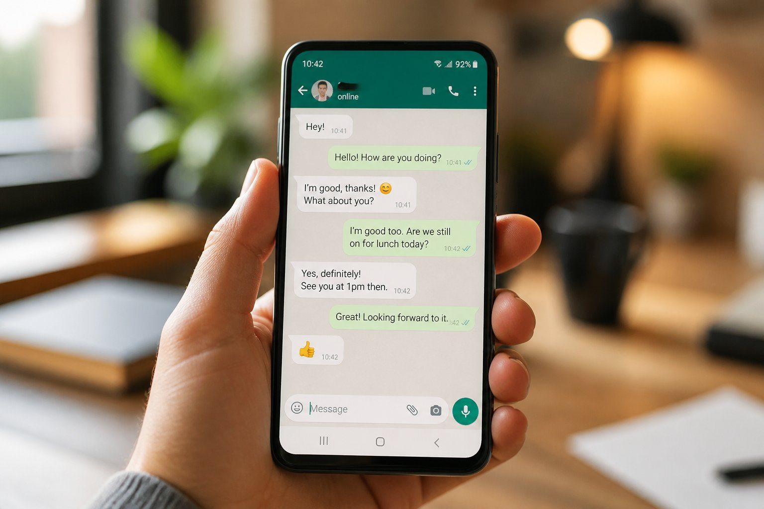 Pessoa segurando um smartphone com o aplicativo WhatsApp aberto em uma tela de conversa.