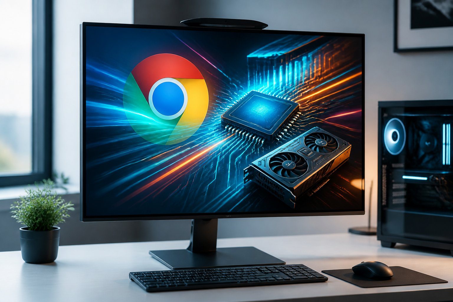 Computador moderno com monitor exibindo gráficos digitais abstratos que representam aceleração de hardware no navegador Chrome.