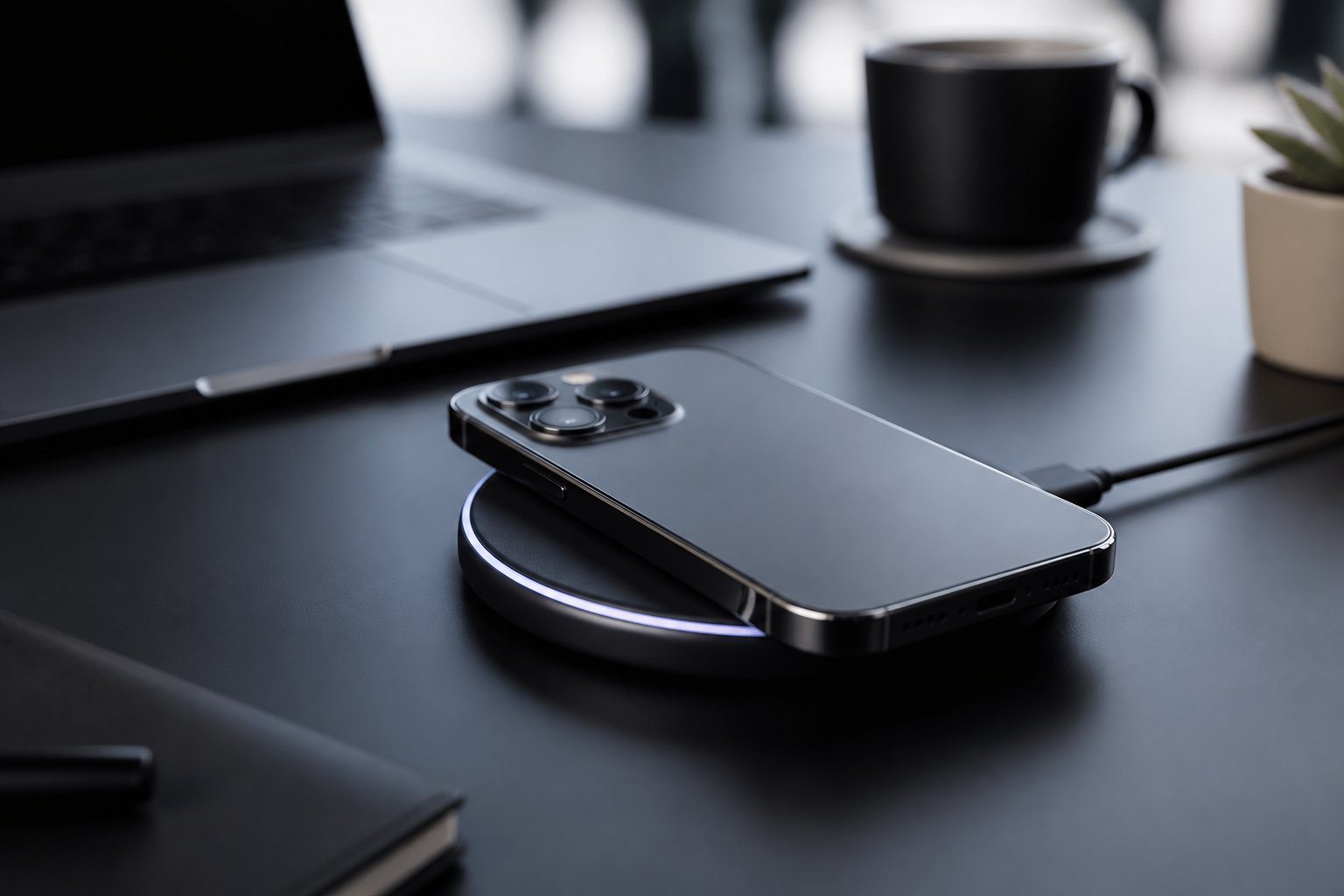 Um smartphone moderno carregando sobre um carregador sem fio em uma mesa de escritório.