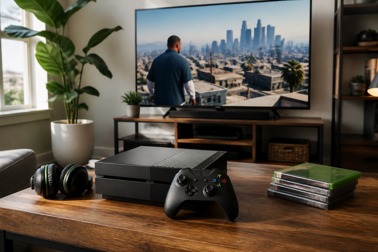 Sala de estar moderna com um console Xbox One, controle em uma mesa e jogo GTA 5 pausado na TV ao fundo.