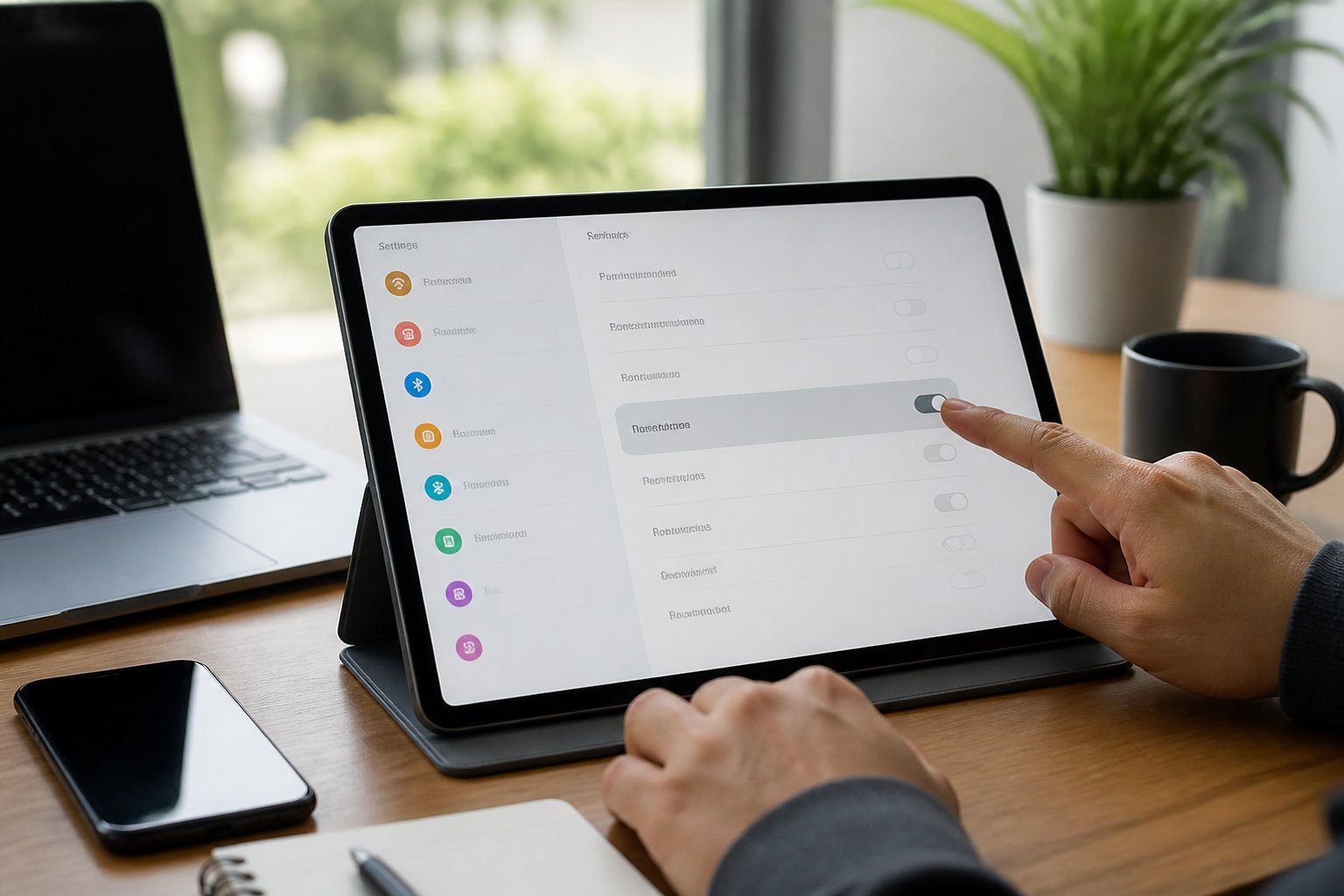 Pessoa desativando o modo desenvolvedor em um smartphone em uma mesa organizada com laptop, caderno e café.