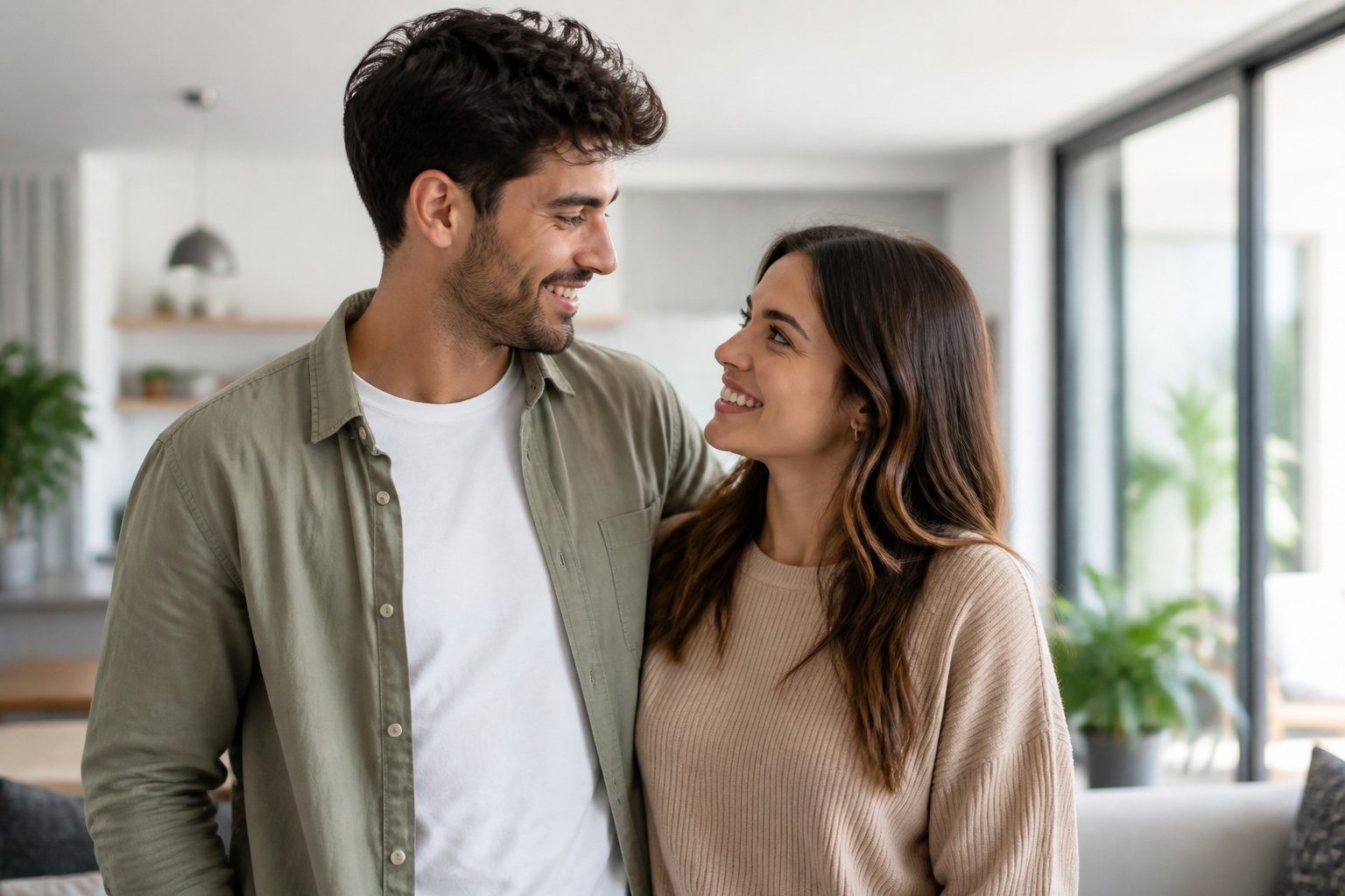 Um casal sorridente em um ambiente interno iluminado, olhando um para o outro com carinho.