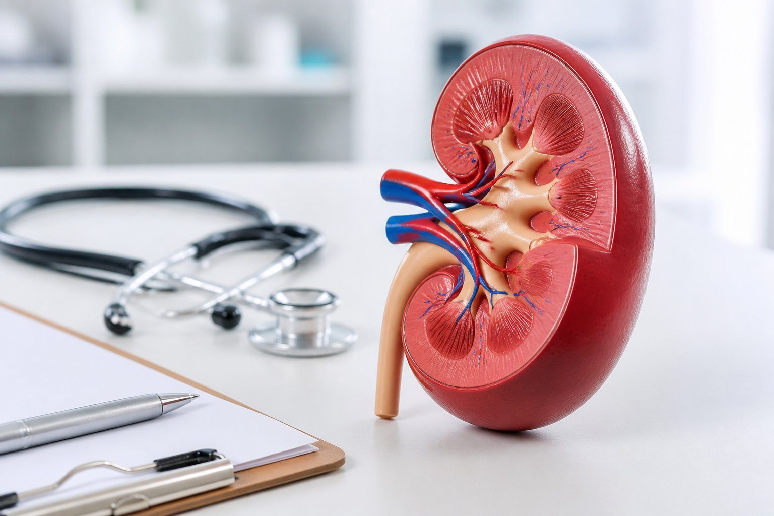 Modelo anatômico de um rim humano sobre uma mesa de exame médica com instrumentos médicos ao redor.