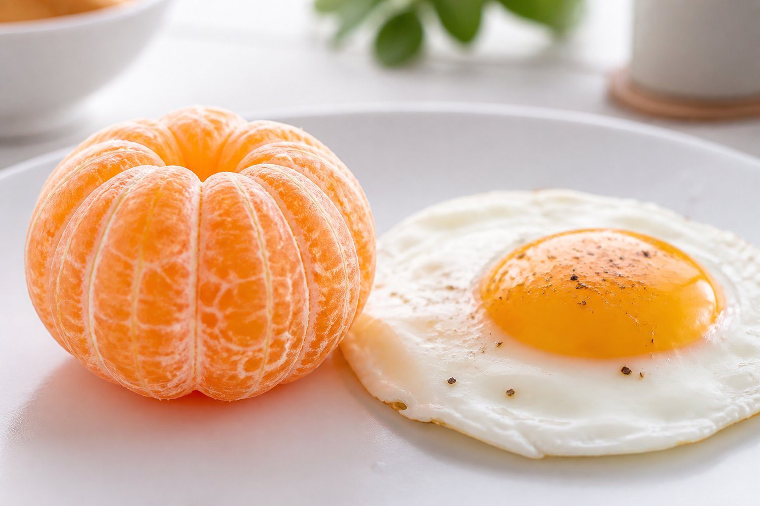 Um prato branco com uma tangerina descascada ao lado de um ovo cozido, em uma cozinha com fundo desfocado.