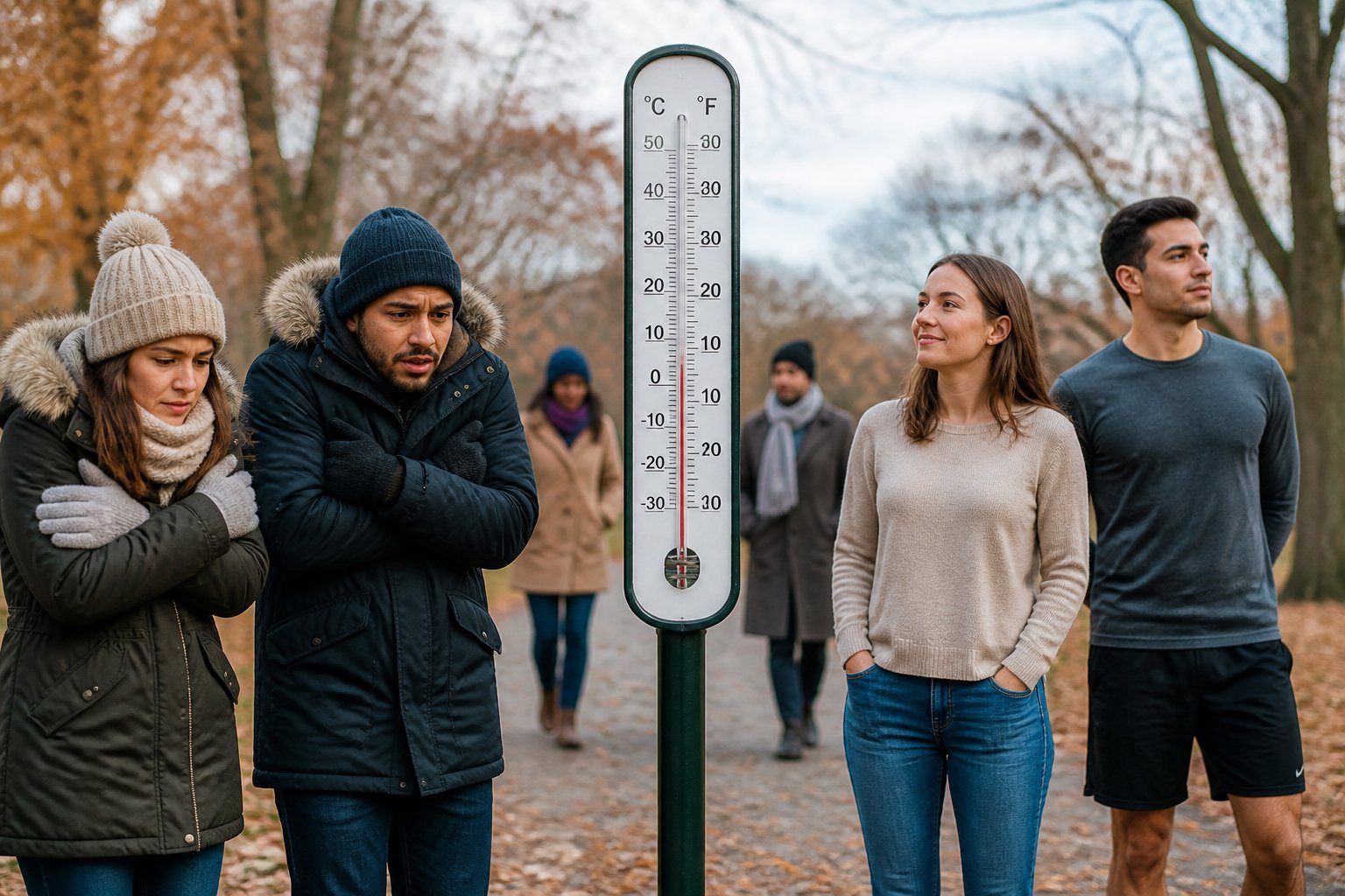 Grupo de pessoas ao ar livre em clima frio, algumas vestindo roupas quentes e outras mais leves, com um termômetro mostrando temperatura baixa ao fundo.