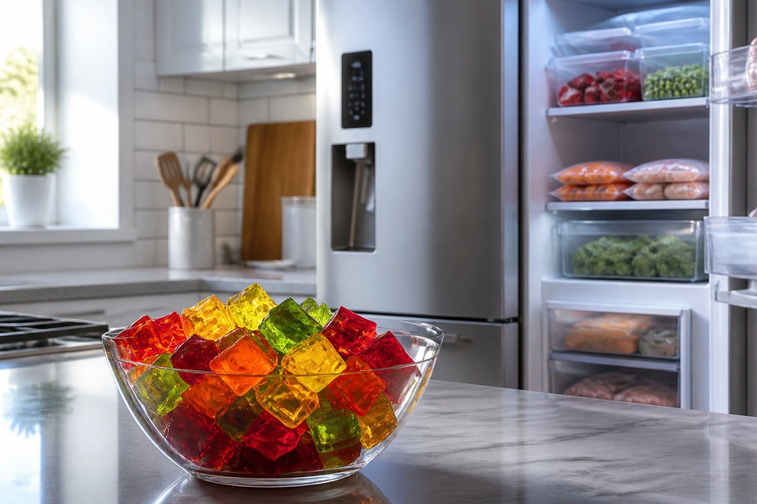 Bowl de gelatina colorida sobre bancada de cozinha próxima a um congelador aberto.