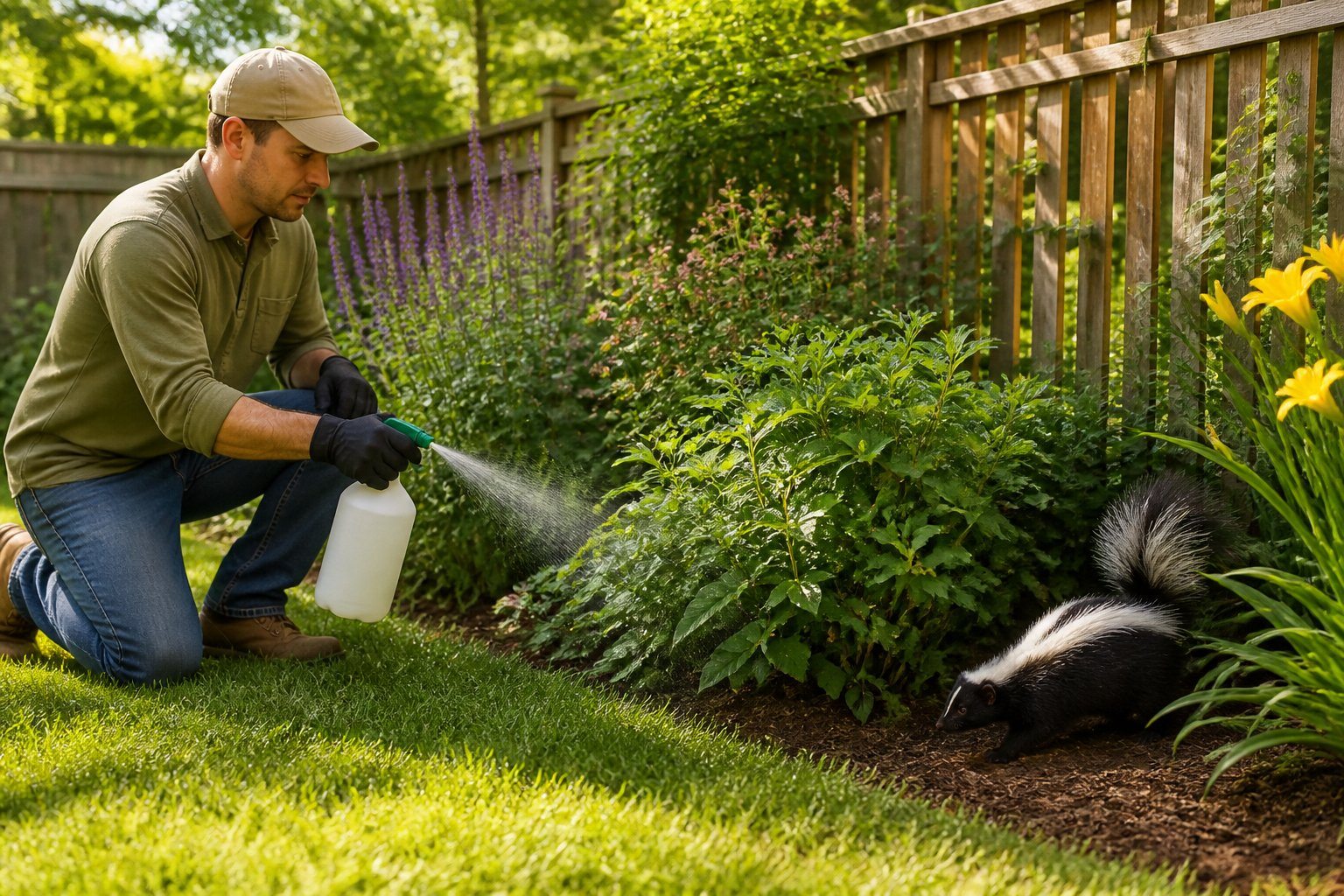 Pessoa aplicando repelente natural em um jardim para afastar um gambá que está se afastando para os arbustos.